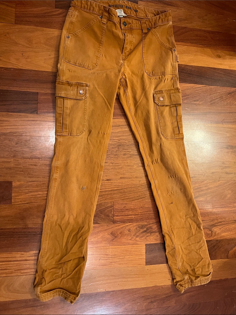 Duluth Trading Co Women’s Straight Leg Cargo Jeans in Mustard Brown “broken in”